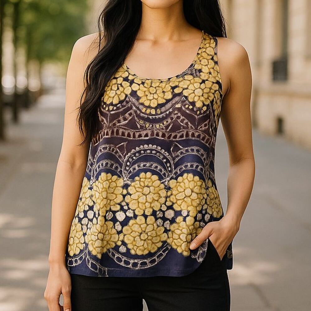 CAbi Pearls & Chains 100% Silk Sleeveless Empire Waist Top Size Medium